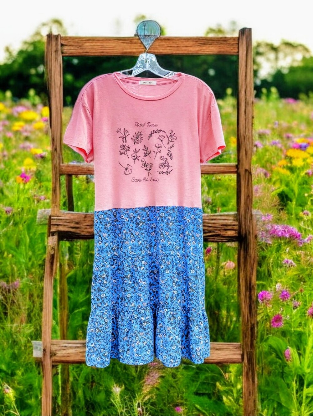 Upcycled Floral Save The Bees Tee Dress  L